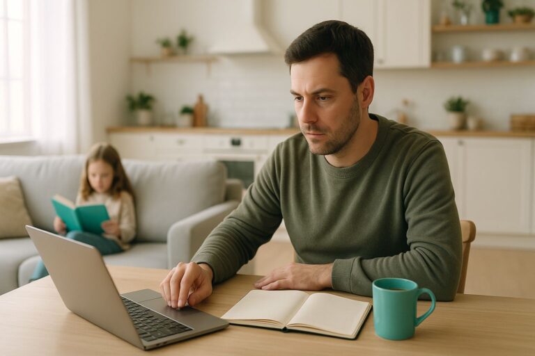A father compares assessment options on his laptop at home