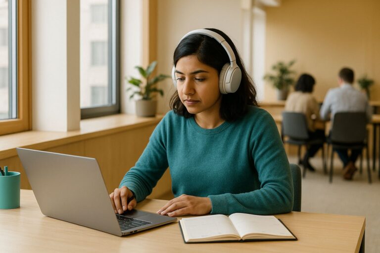 A woman wearing noise-cancelling headphones works at a desk in a bright office