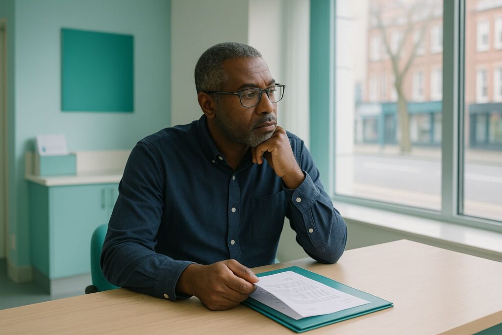 A man reads a letter about his diagnosis while waiting at his GP surgery