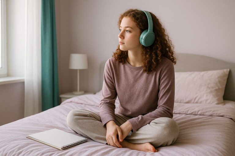 A teenage girl with headphones sits on her bed looking out of the window