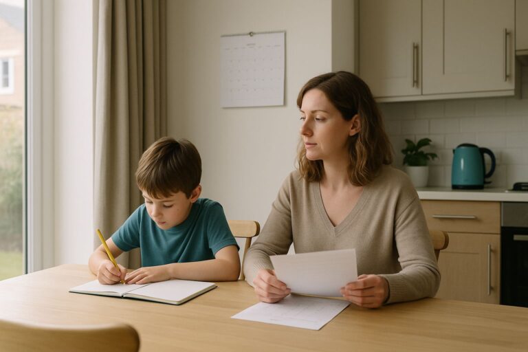 A mother looks at the calendar while her son draws at the kitchen table