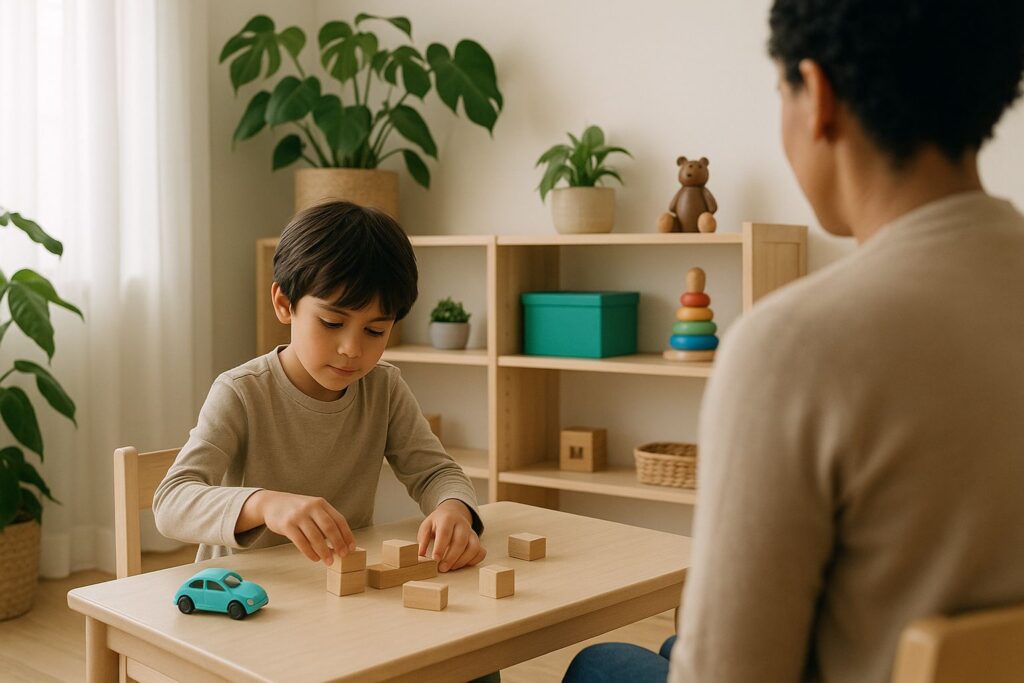 A young boy plays with wooden blocks during a relaxed assessment session