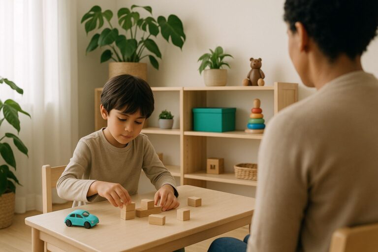 A young boy plays with wooden blocks during a relaxed assessment session